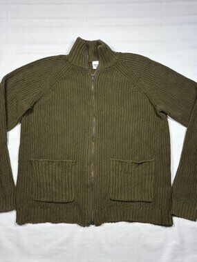Stoic Mens Medium Olive Green Full Zip Cardigan Chunky Ribbed Cotton Knit Jacket